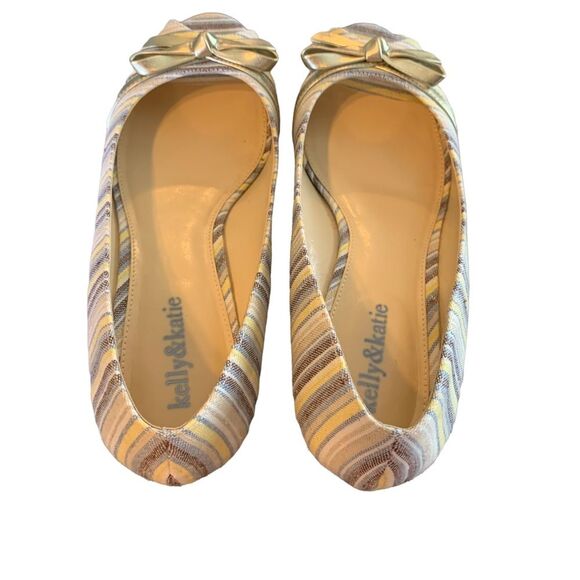 Kelly & Katie Blue Stripe Espadrille Wedge Heels w/ Peep Toe & Gold Size 9 - Picture 6 of 11